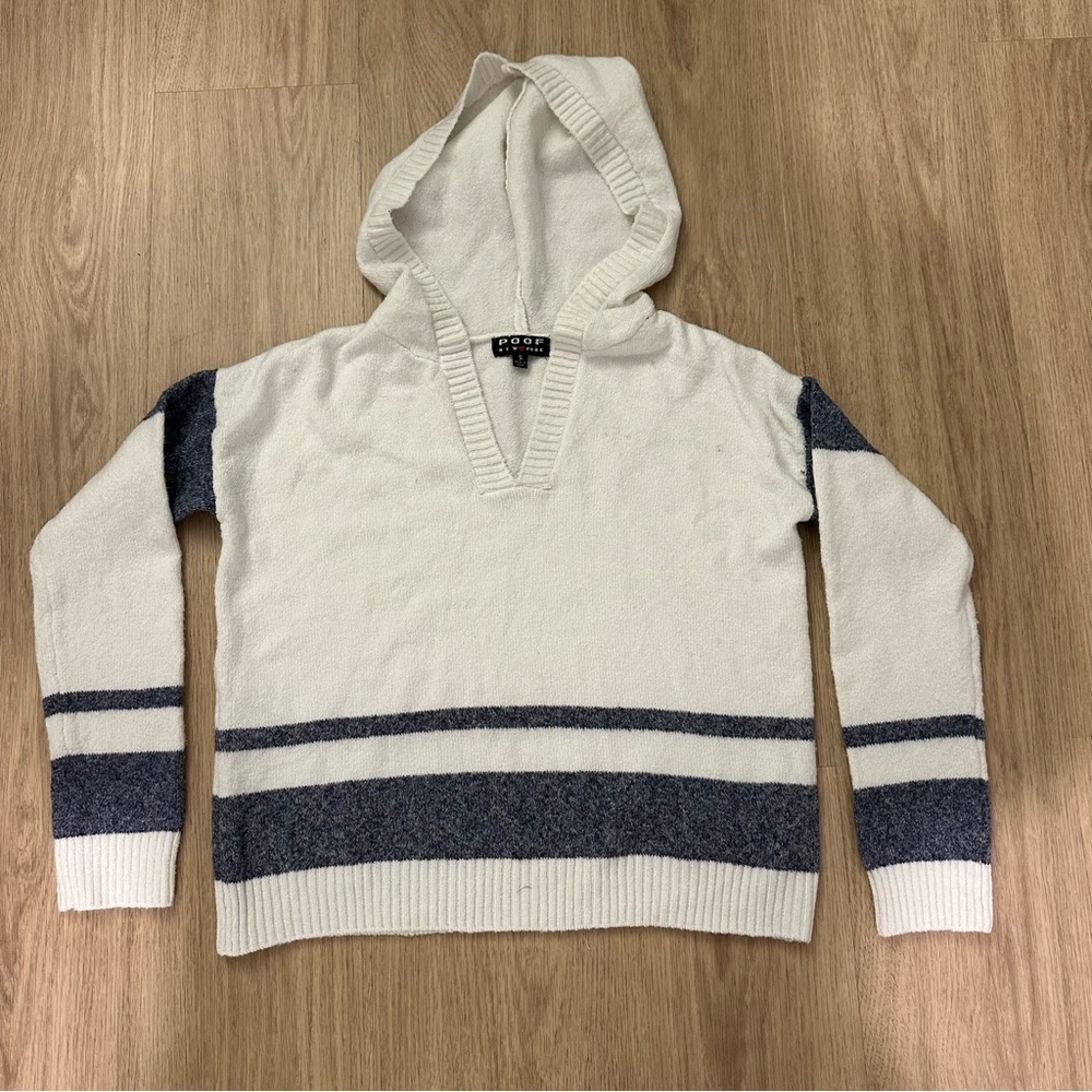Poof New York Cropped Striped V Neck Hoodie Pullover Sweater